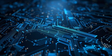 Poster - A modern circuit board showcases advanced technology through intricate blue pathways and electronic components