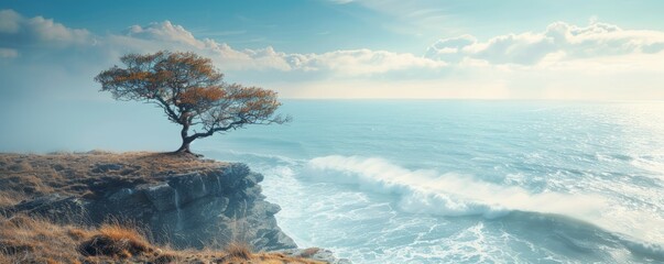 Wall Mural - A solitary tree standing tall on a windswept cliff overlooking the ocean.