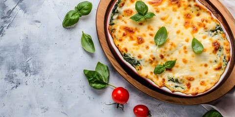 Wall Mural - Spinach and Cheese Lasagna Served on a Wooden Platter with Tomatoes and Basil. Concept Italian Cuisine, Vegetarian Dish, Pasta Recipe, Comfort Food, Homemade Meal