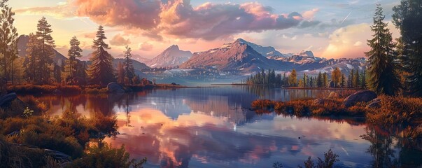 Sticker - Serene Mountain Lake at Sunset, 4K hyperrealistic photo