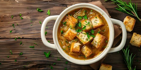 Canvas Print - Overhead view of French onion soup with low-fat croutons in a bowl. Concept Food Photography, French Onion Soup, Low-Fat Croutons, Overhead View, Culinary Delights