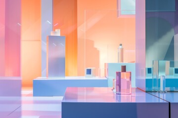 Poster - an empty modern exhibition booth with pastel colored backdrop and geometric shapes