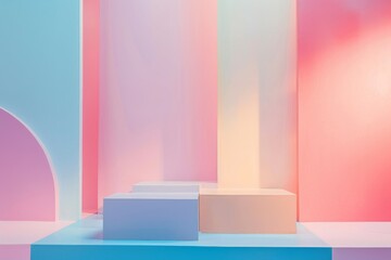 Poster - A modern exhibition booth with pastel-colored walls and geometric shapes, perfect for showcasing tech gadgets or other products