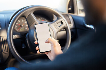 Poster - Screen, hand and person with phone in car for travel info, navigation or online location guide. Mockup, space and driver with tech by steering wheel in vehicle for app, map or search of direction