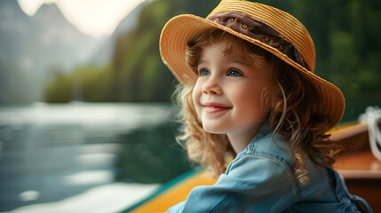 Wall Mural - Cute child spending weekend vacation on the boat sea ocean river lake, 