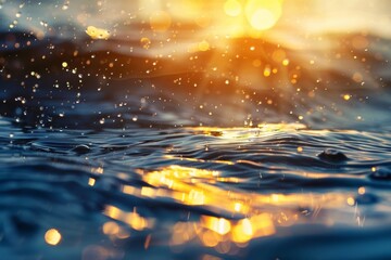 Poster - Golden sun rays illuminate the surface of rippling water, creating a shimmering, abstract pattern