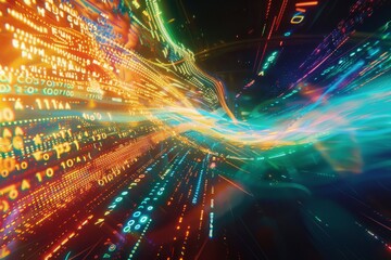 Fototapete - A vibrant, colorful illustration of artificial intelligence algorithms in motion. Dynamic patterns of binary code and digital iwz create a sense of energy and complexity