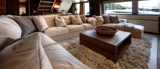  A living room featuring a white couch and a wooden coffee table, adorned with a basket atop Before a generously-sized window