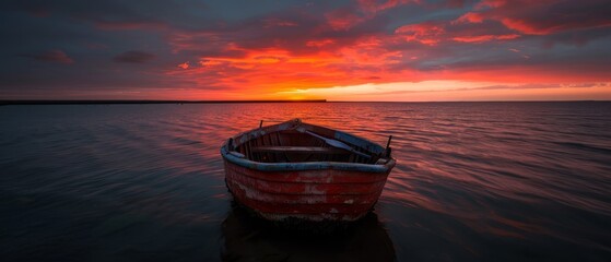 Wall Mural -  A red boat floats atop a body of water, beneath a vibrant red and orange sky In the distance, a ship is silhouetted against the sunset hue