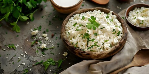 Canvas Print - A close-up view of a nutritious white rice dish with cottage cheese and milk. Concept Food photography, Healthy meal, Dairy products, Close-up shot, Nutritious dish