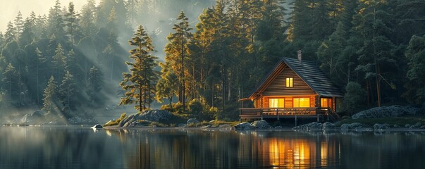 Wall Mural - Tranquil lakeside cabin surrounded by towering pine trees, 4K hyperrealistic photo