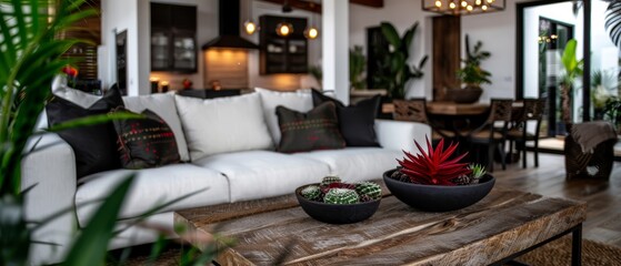 white couch, wooden coffee table, two black-and-white pillows