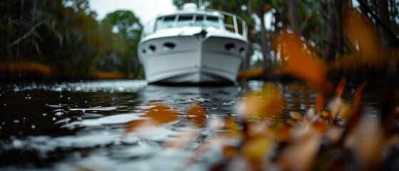  A boat floats on a tranquil body of water, surrounded by a verdant forest teeming with numerous trees