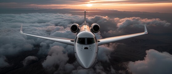 Canvas Print -  An airplane flies above cloud-filled sky at sunset or dawn, with the sun peeking through the clouds