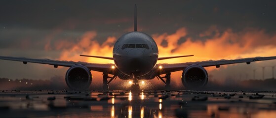 Wall Mural -  A large jetliner rests atop the airport tarmac beneath an orange-yellow cloud-studded sky