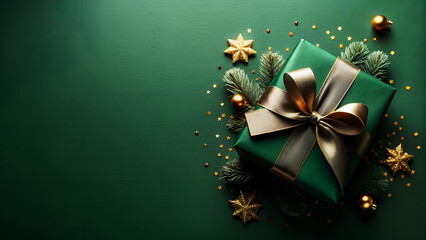 Christmas background template banner with gift box and xmas decor gold green colors top view . Copy space