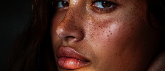 Wall Mural -  A close-up of a woman's face adorned with freckles, dotting both her cheeks and the corners of her lips