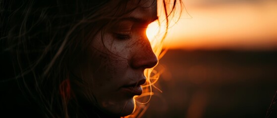 Wall Mural -  A woman's face, tightly framed, as the sun sets behind her Her hair billows in the wind