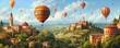 © Настя Шевчук - p of hot air balloons floating over a landscape of rolling green hills dotted with charming villages. A b