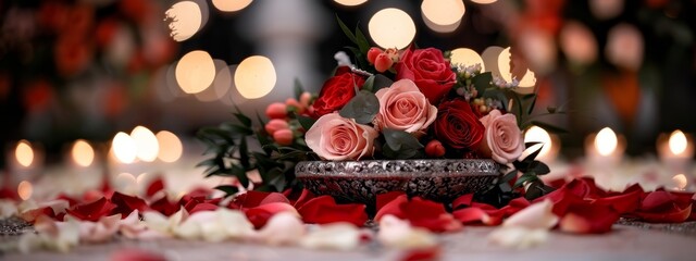 Poster -  A vase filled with red and pink roses Nearby, white and pink roses form a bunch Candles in the background