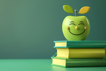 A cheerful green apple with a smiley face sits atop a stack of colorfull books against a matching background.