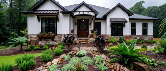 Canvas Print -  A house surrounded by numerous plants in front and flanked by trees