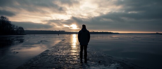 Wall Mural -  A person silhouetted against a body of water, sun illuminating cloudy backdrop