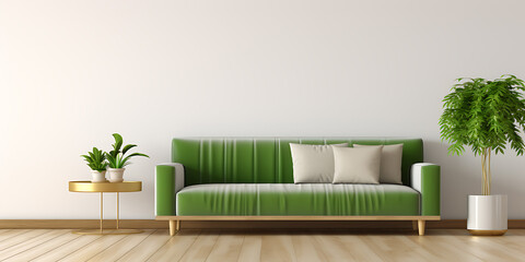 Comfortable green sofa and plants in bright white room, natural light, home decor, interior design, 3d render