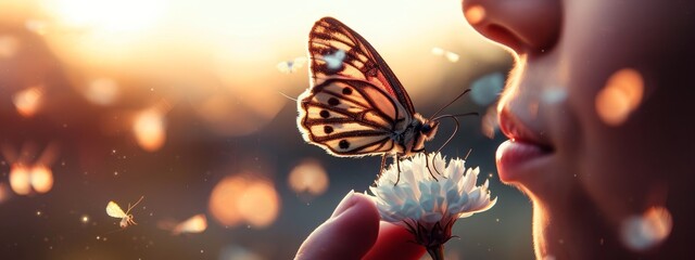 Sticker -  A person tightly holds a bloom, a butterfly perches on its petal, noses touching, backdrop softly blurred