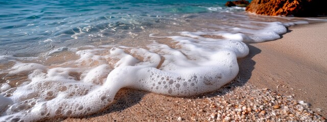 a sandy beach with waves constantly ebbing and flowing, and a rock outcropping along the shoreline