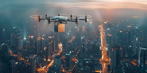 Wall Mural - Aerial View of a Futuristic City with Drone Delivery Services. Concept Drone Technology, Urban Development, Future of Delivery, Aerial Photography