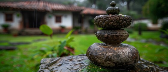 Sticker -  A stack of rocks atop a moss-covered rock in a verdant yard's center Behind, a house stands