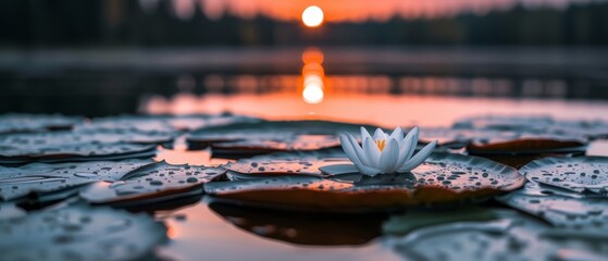 Poster -  A white flower atop a lily pad on calm waters as sunset paints the sky