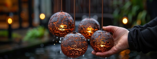 Sticker -  A person holds glowing eggs in hand, raindrops beading on their outsides; lights within illuminate their interiors