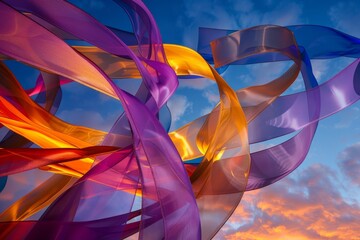 Poster - Elegant, colorful ribbons flow gracefully onto a stage, set against a dramatic twilight sky