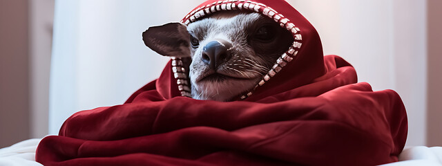 small dog breed chihuahua wrapped in red soft blanket looking at camera with curiosity and slight sm