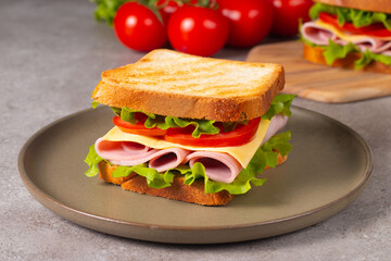 Close-up of two sandwiches with bacon, salami, prosciutto and fresh vegetables on rustic wooden cutting board. Club sandwich concept