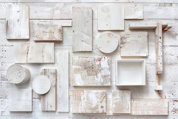 Poster - An overhead view of various whitewashed wooden abstract pieces arranged in a creative pattern on a flat surface. The pieces are a variety of shapes and sizes, with a slight rustic texture