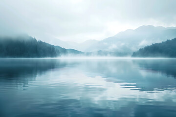 Misty lake in the morning with blue water and green mountains in the background