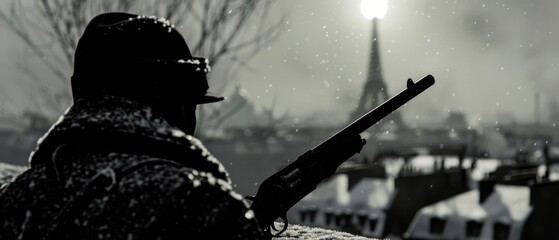  A man, silhouetted against Paris's Eiffel Tower, holds a gun in this black-and-white image