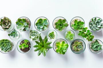 Poster - A collection of succulent plants arranged in glass terrariums against a minimalist white background. The soft natural lighting enhances the beauty of the lush greenery