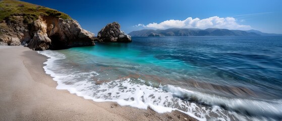 Wall Mural -  A sandy beach adjacent to the ocean, featuring a rock outcropping in its midst, and a separate rock outcropping mid-water