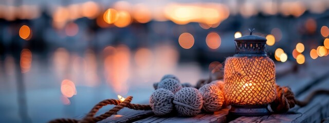 Canvas Print -  A lantern atop a wooden table Nearby, a line of twine-wrapped balls on a dock