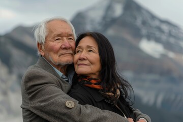 Wall Mural - Portrait of a tender multiethnic couple in their 60s wearing a professional suit jacket isolated on backdrop of mountain peaks