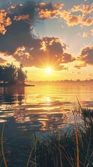 Wall Mural - Serene Lakeside Sunset, 4K hyperrealistic photo