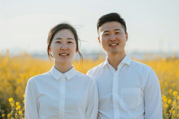 Wall Mural - Portrait of a satisfied asian couple in their 20s wearing a classic white shirt on bright spring meadow