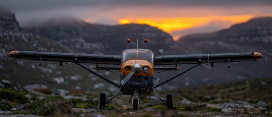 Poster -  A propeller plane, small and quiescent, rests atop a verdant grass field Behind it, a grand mountain range backdrops a serene sunset