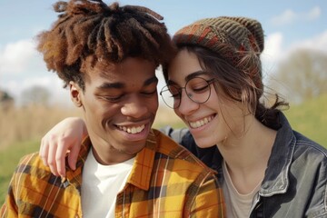 Sticker - Portrait of a happy mixed race couple in their 20s sporting a trendy beanie in front of bright spring meadow