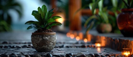 Sticker -  A potted plant atop a stone-floored nook, amidst a line of lit candles and planted containers