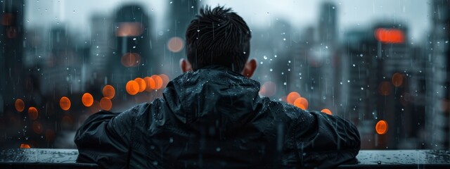  A man gazes out of a window at a cityscape bathed in red lights during the rain